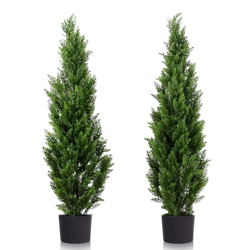 Two 4 Foot Outdoor Artificial Cedar Topiary Trees Uv Rated Potted Plants - color: Green