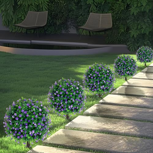 Grooy Artificial Boxwood Topiary Tree with Flower, Set of 2 Artificial Shrub Bushes with Ground Spike, Fake Evergreen Tree for Porch, Artificial Plants for Outdoor Planters Indoor UV Resistant - color: Purple Flower