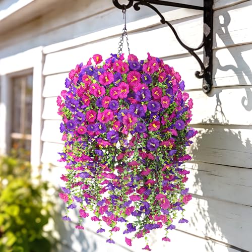 Artificial Hanging Flowers with Basket, 480 Blooms UV Resistant Faux Morning Glory Silk Plants, Fast & Easy Assembly Fake Hanging Baskets for Outdoor Porch Patio Garden Decor, Fuchsia&LightPurple - color: Fuchsia&lightpurple