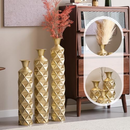 Tall Floor Vases Set of 3 for Decor Living Room Floor, Gold Vases Home Decor, Embossed Body Pattern, 33.5" H/29.5" H/25.2" H Geometric Cylinder (Gold 3) - color: Gold
