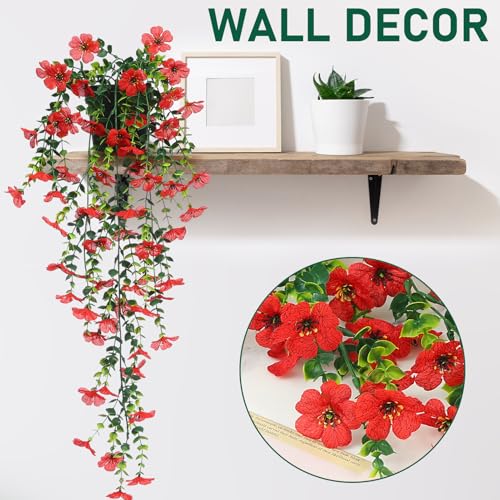 FAVOWREATH Fake Plants Hanging Artificial Potted Faux Eucalyptus Plants and Flowers for Modern Boho Farmhouse Bathroom Office Desk Wall Book Shelf Living Room Aesthetic Decor Indoor (Red) - color: Red