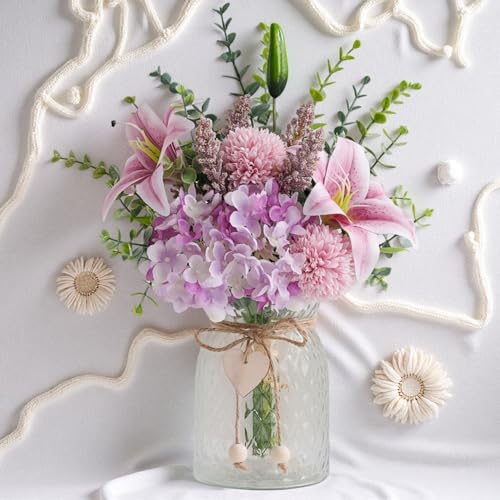 Faux Flowers with Vase, Artificial Silk Flowers in Vase for Mom Gifts, Fake Pink Lily, Hydrangea and Dandelion, Arrangement for Home Spring & Summer Decor Dining Coffee Table Centerpiece Decorations - color: Purple & Pink