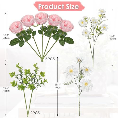 GnFlus Peonies Artificial Flowers, 9PCS Mixed Pink Faux Flowers with Peonies & Daisies, Up to 18.5 Inch Long Silk Fake Flowers for Vase DIY Wedding Bouquet Party Centerpieces Arrangement Home Decor - color: Peony, Pink