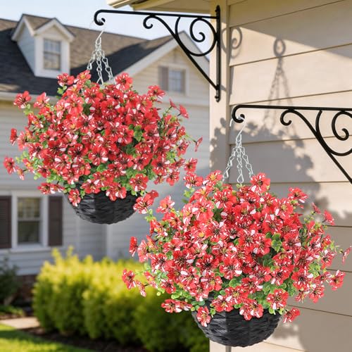 GLIDLION Artificial Flower & Eucalyptus with Hanging Basket - 2PCS Faux UV Sun Resistant Morning Glory in Planter, Fake Colorful Silk Flowers for Spring Summer Porch Patio Balcony Yard Decor (Red) - color: Red