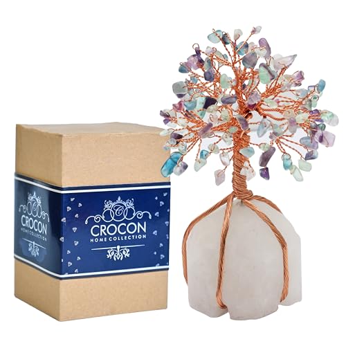 Crocon Fluorite Crystal Tree of Life - Natural Quartz Stone Base, Gemstone for Positive Energy, Feng Shui Decor - Chakra, Copper Wire Money Bonsai, Healing Stones, Luck Gem - Spiritual Gift - color: Ag Fluorite Quartz Base