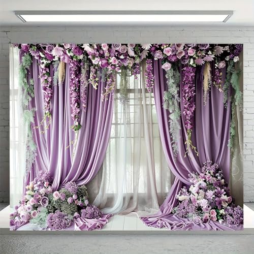 Purple Flower Wall Background Photography Purple Curtains Lavender Butterfly Backdrop for Girls Birthday Bridal Party Decorations Portrait Photo Studio Booth Props