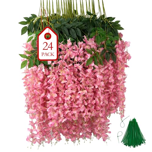 BIRDDIE 24Pcs of Artificial Wisteria Hanging Flowers, 3.75 Feet Fake Wisteria Flower Strings for Backdrop, Wedding, Ceremony,Garden and Home Wall Decoration (Pink) - color: Pink, size: 24 pcs