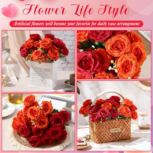Geosar 8 Bundles Artificial Peonies Flowers Fake Silk Peony Bouquet Faux Peonies Flowers Bulk for Decoration Vase Floral Arrangements Wedding Party Table (Orange,Deep Red) - color: Orange, Deep Red