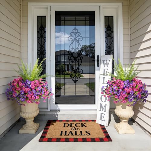 Hrobek Artificial Flowers for Outdoors Faux Plants Outside Indoor,UV Resistant Silk Fake Morning Glory Tall Ferns for Home Patio Garden Back Yard Front Porch Decor(13 Bunches,Dk. & Lt. Purple) - color: 3 Color Mixed (6 Purple,6 Light Purple,1 Tall Fern)