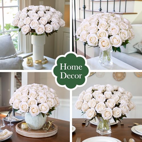 50 PCS Champagne Roses Artificial Flowers, Real Looking Fake Roses with Long Stems Silk Flowers for DIY Wedding Bouquet Party Celebration Home Bridal Baby Shower Decor Birthday Gift for Her Wife - color: Champagne