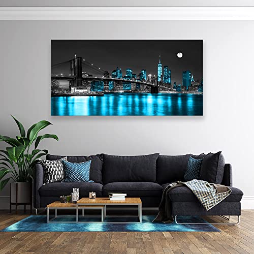 Wall Art Canvas Painting Black White and Blue New York Brooklyn Bridge 1 Piece Cityscape Night Building Picture Poster Print Framed for Living Room Bedroom Kitchen Office Home Decor - color: Black, size: 71"L x 36"W
