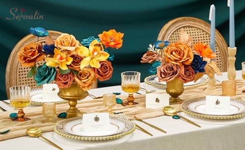 Serwalin Teal Burnt Orange Artificial Flowers, Fake Silk Cake Flowers for DIY Wedding Bridal Bouquet Centerpieces Floral Arrangement Decor Party Baby Shower Fall Home Decor - color: B Teal Orange, size: 1 Box