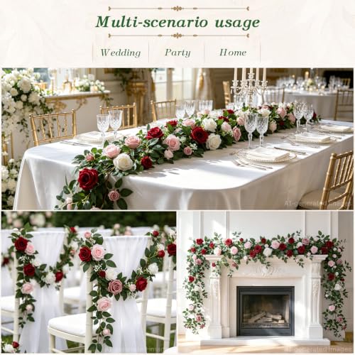 2 Pack 11.2 Ft Artificial Flower Garland with White Roses, Realistic Fake Greenery Vines with 17 Roses Flowers for Wedding Table Centerpieces Arch Party Ceremony Backdrop Decor (Mix RED) - color: Mix Red