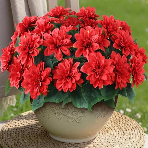VIERENA 8 Bundles Artificial Dahlia Flowers for Outdoors Spring Summer Decor, No Fade Silk Flower Faux Dahlias Plant Arrangement for Home Garden Balcony Farmhouse（Red） - color: Red