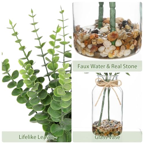 Hollyone Artificial Eucalyptus Stems in Glass Vase with Faux Water and Stones, 15.7" Fake Plants Eucalyptus Leaves Branch for Indoor Shelf Desk Home Bathroom Wedding Table Centerpiece Decor - color: Green #4