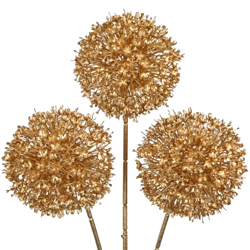 Hollyone 3Pcs Gold Artificial Ball Hydrangea Flowers Fake Silk Hydrangea Ball Flower Floral Arrangements Bouquets Faux Hydrangeas Stems for DIY Wedding Party Centerpieces Decoration Office Home Decor - color: Gold - Ball Hydrangea