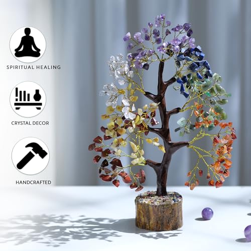 YATHABI 7 Chakra Tree of Life Decor - Crystal Tree - Feng Shui Decor - Crystal Bonsai Tree - Gem Tree - Gemstone and Crystals - Spiritual Tree - Chakra Stones - Crystal Gifts - Birthday Gift for Women - color: Seven Chakra Golden Wire, size: 10 Inch