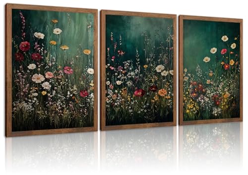 Vintage Wildflower Wall Art Set of 3, Dark Green Flower plant Canvas Prints Wall Decor, Gothic dark style pastoral landscape painting for Living Room Bedroom Farmhouse Home Decor 12x16in Wood Framed - color: Green flowers, size: 16L" x 12W"