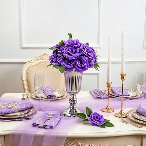 50 Pcs Rose Flower Head, Artificial Flowers Bulk for DIY Crafts, 3in Fake Rose Silk Flower Head wit Stem, Faux Flowers for Decoration, Wedding Home Party Decor Garland Decor (50, Deep Purple) - color: Deep Purple