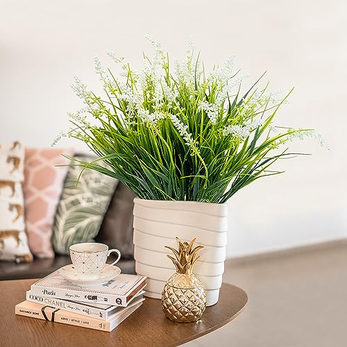 12 Bundles Outdoor Artificial Plants Flowers UV Resistant Fake Tall Grass Plants Bushes Faux Tropical Shrubs for Outside Window Box Planter Front Porch Yard Patio Floral Arrangement - color: White, size: 12 Pcs