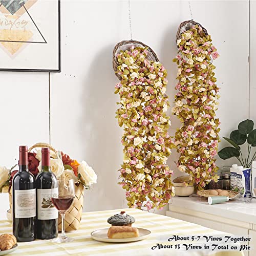 PONKING 8 Pcs x 8.2 ft Flower Garland Artificial Rose Vine Flowers with Green Leaves Hanging Fake Roses Vine for Room Party Home Wedding Birthday Christmas Wall Arch Decor, Champagne Pink Flower - color: Fall-pink Champagne-8pcs, size: 8 Vines 66FT