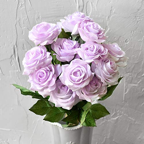 FiveSeasonStuff Real Touch Roses Artificial Flowers, Wedding Silk Flowers Bouquet & Floral Arrangement 12 Stems (Pale Lavender) - color: Pale Lavender