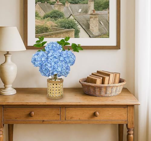 Hollyone Blue Hydrangea Artificial Flowers in Woven Glass Vase with Faux Water Silk Hydrangeas Fake Flowers Floral Arrangement for Home Indoor Bathroom Kitchen Office Table Centerpiece Shelf Decor - color: Blue-woven Vase