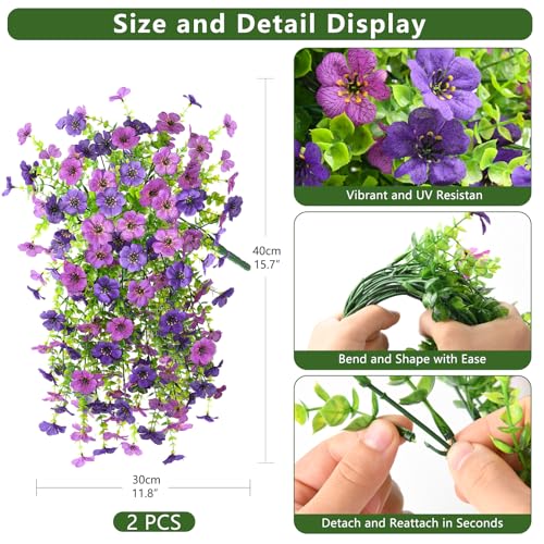 Artificial Fake Flowers Plants for Outdoor Spring Summer Decoration, 2 PCS Faux Silk Daisy Flowers No Fade UV Resistant Realistic for Outside Home Planter Porch Patio Balcony Yard Decor (Purple) - color: Double Purple