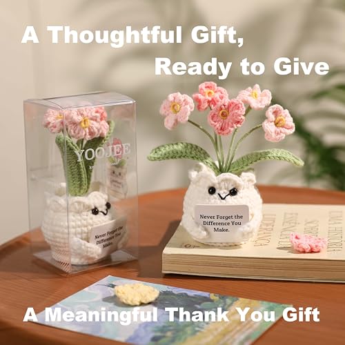 YOOJEE Crochet Forget Me Not Flower Gift – Thank You Gift for Women with Card “Never Forget the Difference You Make”, Appreciation Gift for Teacher, Coworker, Nurse, Friend, Cute Desk Decor - color: E-never Forget the Difference - Pink