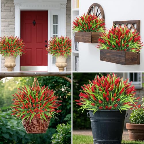 Ouddy Decor 24 Bundles Artificial Flowers for Outdoors, Fake Lavender Flowers Monkey Grass Faux Plastic Plants Shrubs UV Resistant for Porch Garden Window Box Office Home Decorations, Red - color: Red