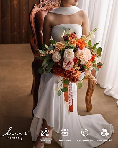 Ling's moment Terracotta Wedding Bouquets for Bride, Burnt Orange Bridal Bouquets for Bride, 15 Inch Free Form Artificial Wedding Flower Bouquet - color: Or-sunset Terracotta, size: Medium 15 Inch