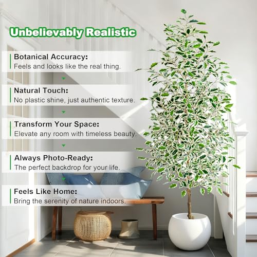 Bailikang 7FT Artificial Ficus Trees Indoor Faux Trees Indoor Fake Floor Plants Tall Artificial Tree with White Pot Faux Tree Fake Indoor Tree Silk Plants Artificial Trees for Home Decor Indoor - color: White Leaf With White Pot, size: 7ft