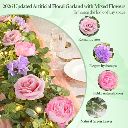 Livole 6 FT Artificial Flower Garland with Lights Pink Fake Roses Peony Floral Garland with Eucalyptus Flower Hanging Vine for Wedding Arch Table Centerpieces Backdrop Party Home Decorations - color: Pink With Light, size: 1 Pc