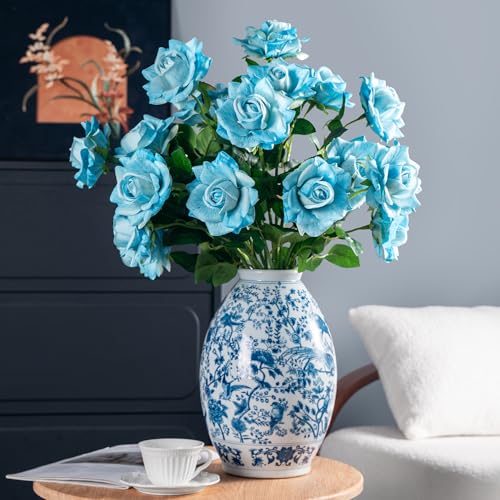 Artificial Flowers 23.2In Artificial Roses 20PCS Fake Roses Long Stem Artificial Flowers for Tall Vase Silk Rose Spring Suitable for Indoor Wedding Party Decor Valentine's Day DIY Bouquet,Blue - color: Blue
