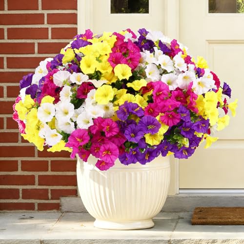 CEWOR Artificial Flowers for Outdoor Indoor, Fake Silk Morning Glory with Eucalyptus Leaves, Faux Flower for Garden Front Door Porch Planter Patio Home Decor (12 Bundles, Fuchsia Yellow White Purple) - color: 4 Color Morning Glory