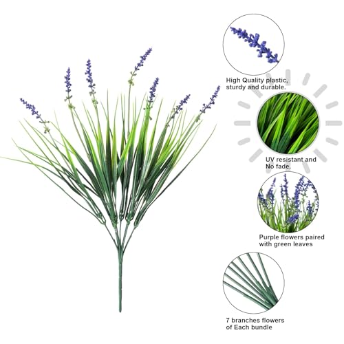 HyeFlora 20 Bundles Artificial Fake Outdoor Plants Flowers for Spring Decoration, UV Resistant Realistic Purple Plastic Flowers Faux Plant Monkey Grass for Planter Home Garden Porch Patio Window Box - color: 12pcs Purple Monkey Grass+8pcs Purple Flowers