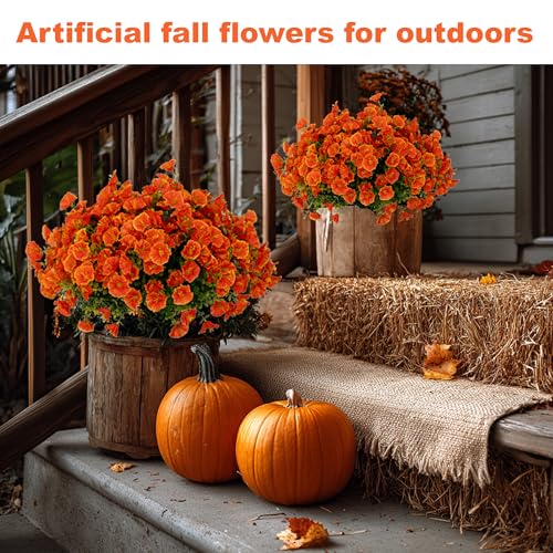 AXYLEX Artificial Fall Flowers Outdoor Fake Mums - 16 Bundles Fake Plants UV Resistant No Fade Faux Plastic Greenery Garden Morning Glory Home Decor (1, Orange) - color: Orange