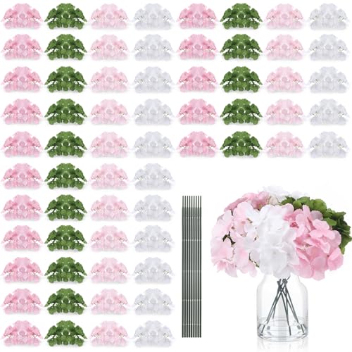 Suncalla 60 Pcs Artificial Hydrangea Flowers Bulk Silk Hydrangea Full Flowers Heads with Stems for Wedding, Home Table Centerpieces, Garden, Baby Shower, Party Decoration(Pink,Green) - color: Pink,green