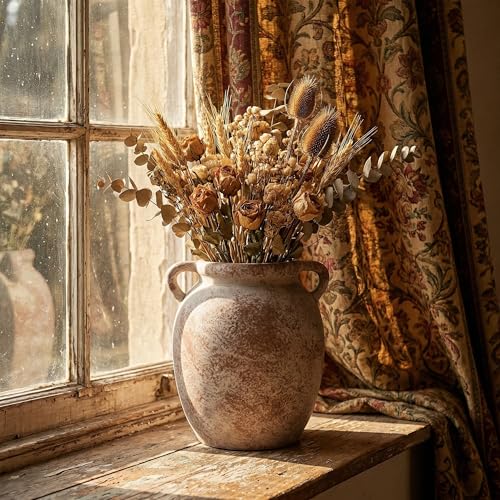 Ceramic Flower Vase Home Decor - 7.28Inch Farmhouse Rustic Vase,Double Handle Pottery Terracotta Vases for Living Room Dining Bedroom Table Decor Festive Decor Housewarming Gift - size: 7.28In