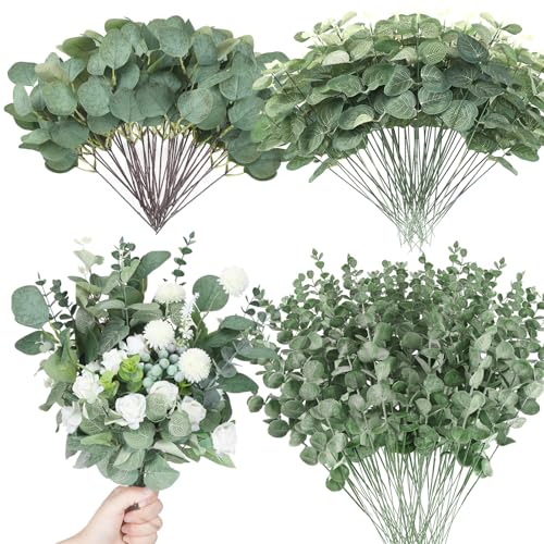 Giegxin 90 Pcs 3 Kinds Mixed Artificial Eucalyptus Leaves Stems Bulk Silver Dollar Leaves Picks Dried Eucalyptus Bundle Faux Spray for Wedding Vase Bouquet Floral Arrangement (Green) - color: Green