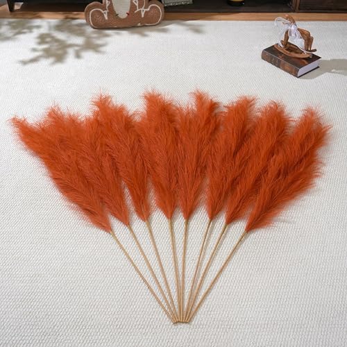 Premium Faux Orange Pampas Grass – 8pcs 43.3" Tall Fluffy Pampas for Floor Vase Decor, 18-Branch One-Piece Stems No Assembly, Luxury Silk-Feel Feather Flowers for Boho Wedding Home Decor 110cm - color: Faux Orange, size: 8pcs 43.3"(110cm)