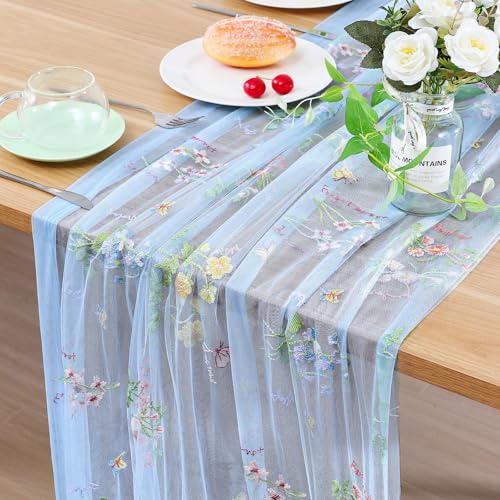 BINBE 1pcs Blue Florals Table Runner Embroidery Gauze 10FT Daisy Seasonal Tulle Birthday Wedding Holiday Kitchen Dining Table Decor for Home Party - color: Blue, size: 10ft x 1pack