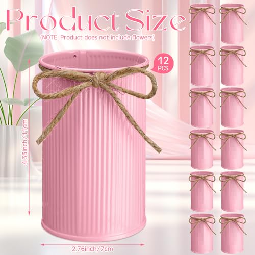 Rustic Vase for Table Centerpieces 4.33 Inch Small Petite Flower Vase with Twine Bow Vintage Farmhouse Decor for Wedding Reception Dining, Home Galvanized Metal Buckets(Pink,12 Pcs) - color: Pink