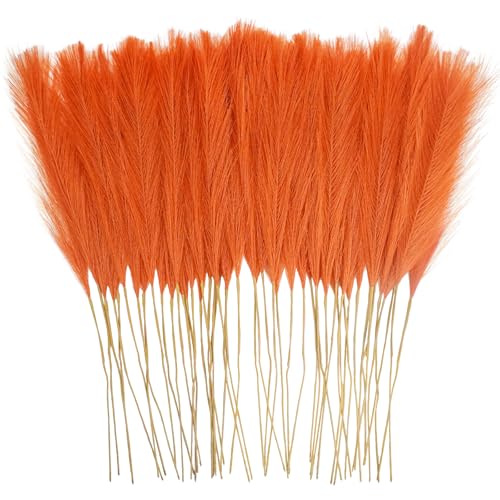 obbsie 50pcs Burnt Orange Faux Pampas Grass Decor, 21.6" Short Artificial Fall Pompous Grass Floral Fake Orange Pompas Grass Branches Vase Filler Flower Arrangement for Home Wedding Fall Decor - color: Orange, size: 50 PCS