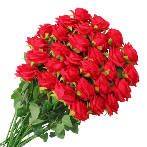 32 Pcs Red Artificial Flowers Roses Fake, Silk Flowers with Stems for DIY Wedding Gothic Bridal Shower Centerpieces Arrangements Tables Decorations - color: Red