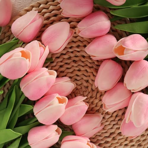 30pcs Tulips Artificial Flowers, Real Touch Fake Flowers Home Decor, Faux Tulips Bouquets Arrangements for Spring Easter Mothers Day Wedding Dining Room Table Decoration(Pale Pink) - color: Pale Pink