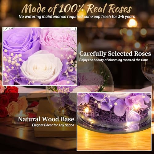 ENERLEAF Preserved Light Purple Real Rose in Glass with Scented Candles – Forever Flower Romantic Anniversary Christmas Birthday Valentines for Mom, Women, Wife, Girlfriend, Her, Grandma - color: Glass-light Purple