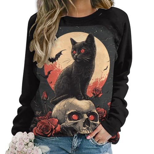 domirica Halloween Sweatshirts for Women Black Cat Print Pullover Crewneck Oversized 2024 Fall Fashion Casual Warm Shirt - color: Rosecat, size: 3X-Large