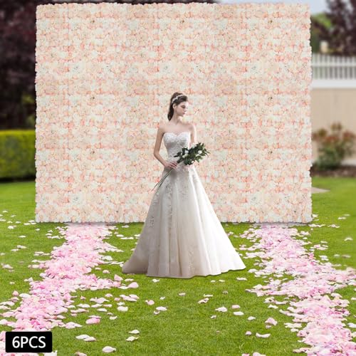 Flower Wall Panel Floral Backdrop, 6 Pcs Flower Wall Decor, 24" X 16" Silk Rose Wall, Artificial Flower Wall Backdrop Faux Flower Panel for Wedding, Party, Home (Champagne White) - color: Champagne White
