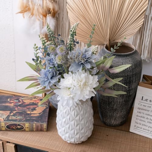 LUEUR Fake Flowers with Vase, Silk Roses Artificial Flowers in Vase Faux Flowers Arrangement Suitable for Home Kitchen Living Room, Fall Spring Decor for Office, Centerpiece Table Decorations - color: White-dahlia
